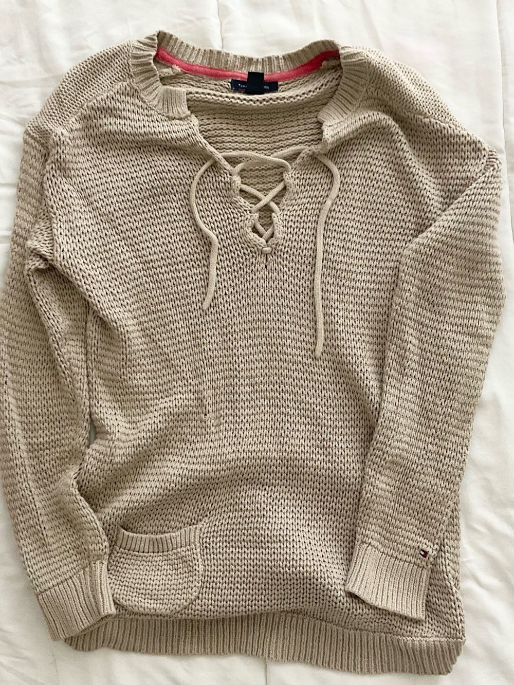 Tommy Hilfiger Beige Lace-Up Knit Sweater